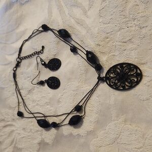 Black Jet Bead Necklace & Earrings